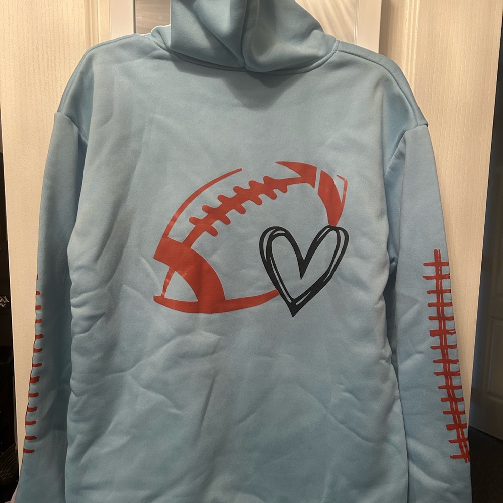 Light Blue Pullover Hoodie with Graphic Football & Heart